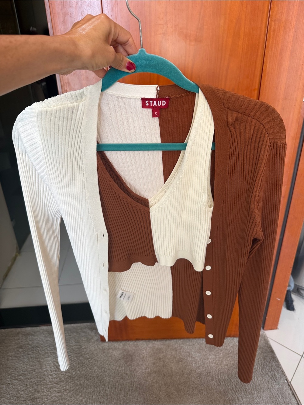 Staud Two-Tone Ribbed Button Cardigan + Matching crop tank . XS/S